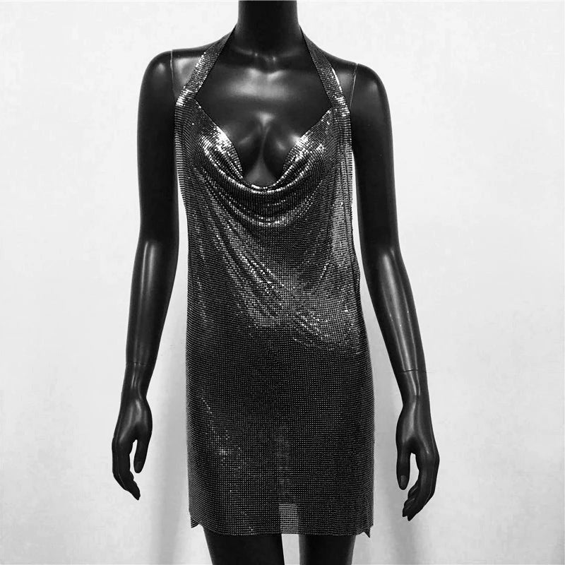 Metal Sequin Halter Mini Dress - Backless V-Neck Side Split Dress