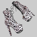 17CM Leopard Print Platform Ankle Boots - Open Toe 7 Inch High Heel Pole Dance Boots