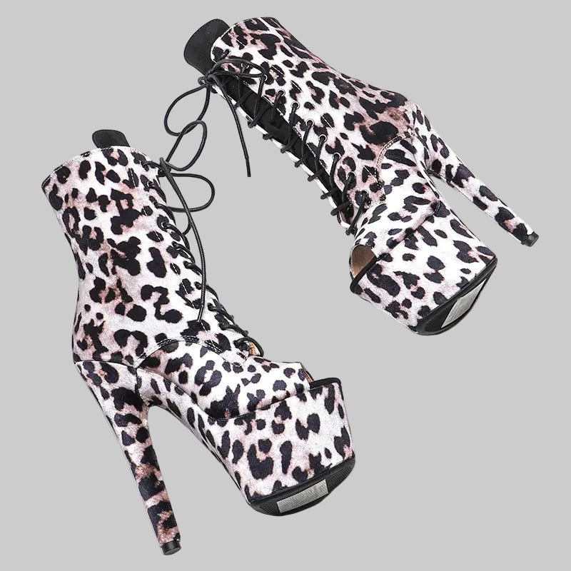 17CM Leopard Print Platform Ankle Boots - Open Toe 7 Inch High Heel Pole Dance Boots
