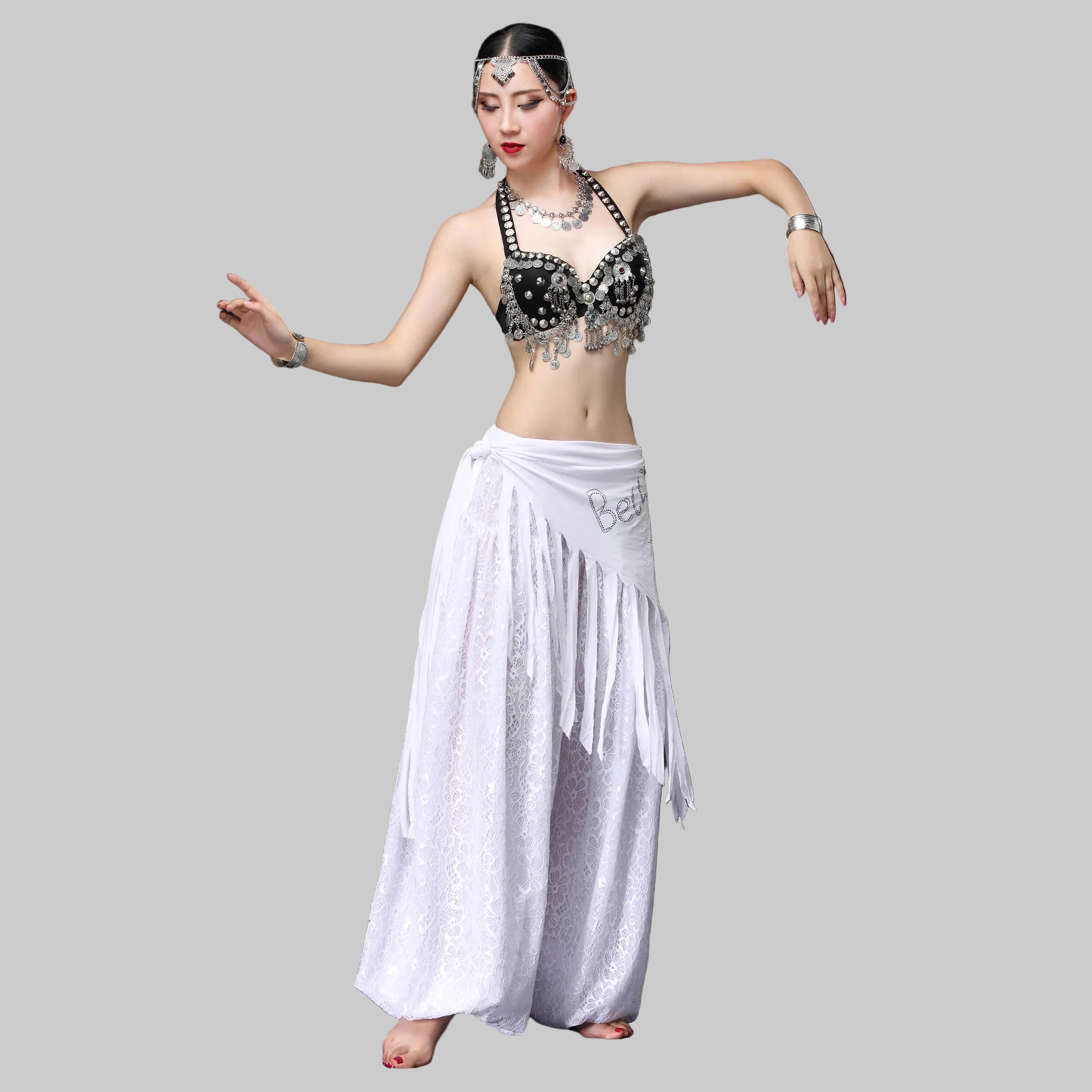 Tribal Belly Dance Coin Bra - Metallic Studs & Chain Drape Top