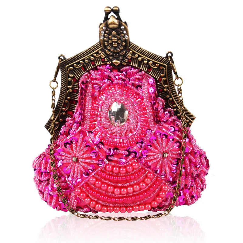 Retro Pearl & Sequin Beaded Clutch | Antique Gold Frame Bag