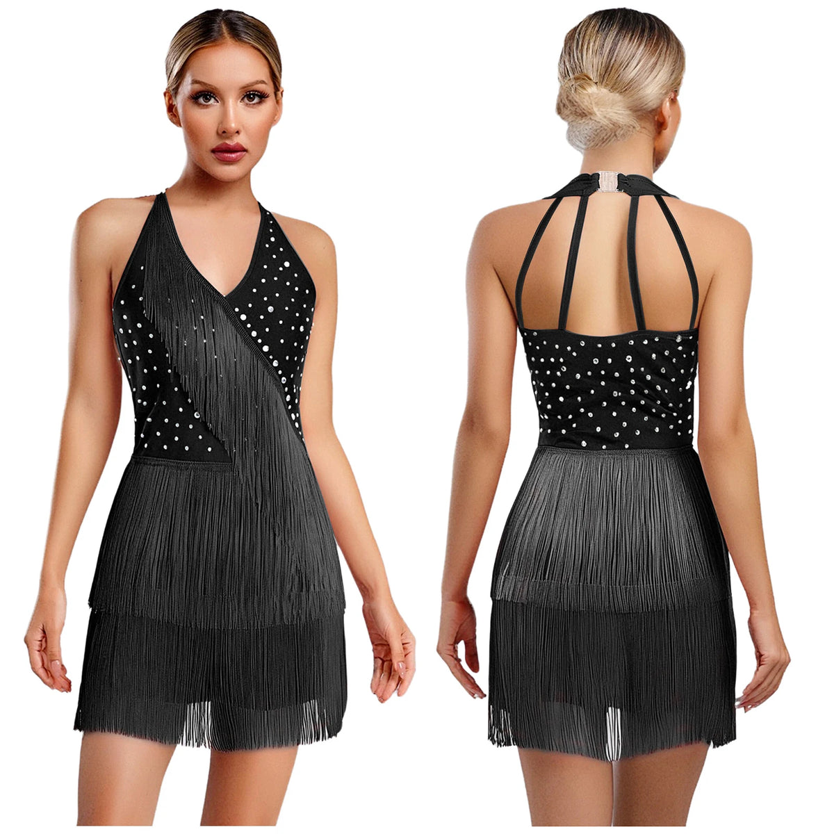 Rhinestone Fringe Dress | Halter Neck | Latin Dance