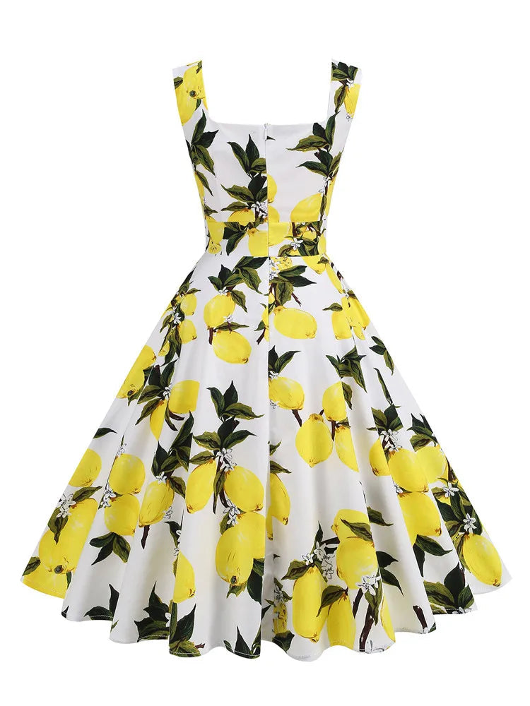 1950s Lemon Print Swing Dress | Square Neck | Sleeveless