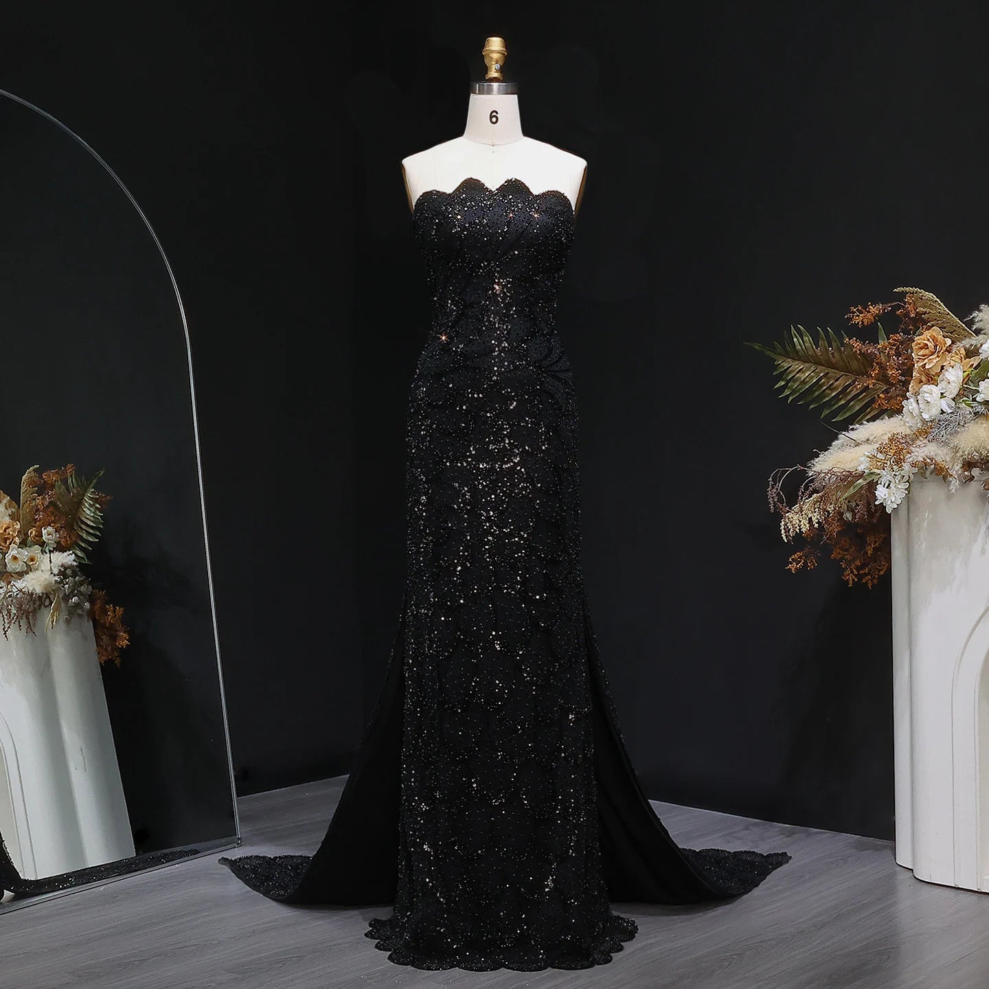 Beaded Sequin Strapless Mermaid Pageant Gown | Court Train | 6 Colors