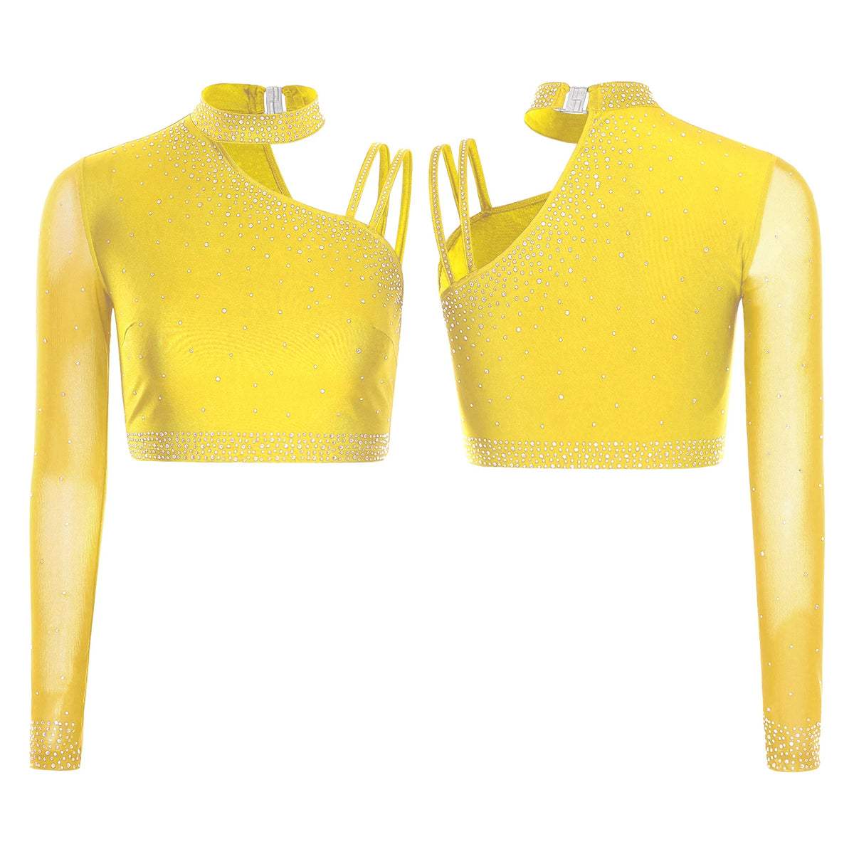 Rhinestone Asymmetric Dance Crop Top | One Mesh Sleeve | Latin Salsa Samba