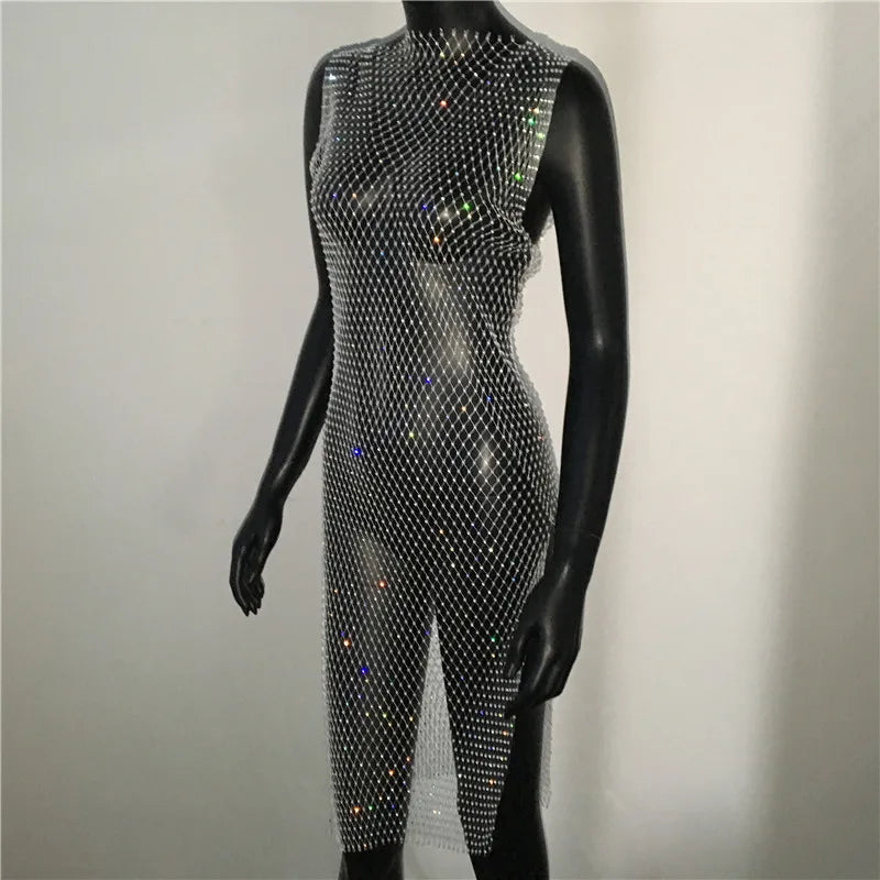 Rhinestone Fishnet Mini Dress - Sheer Cover-Up Party Dress