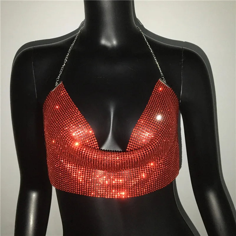 Shiny Rhinestone Deep V-Neck Crop Top - Backless Party Camisole