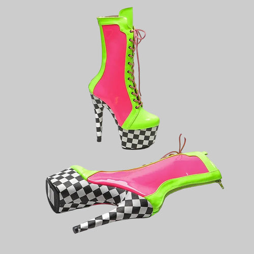 7-Inch Color Block Ankle Boots - Patent Platform Pole Dance Heels