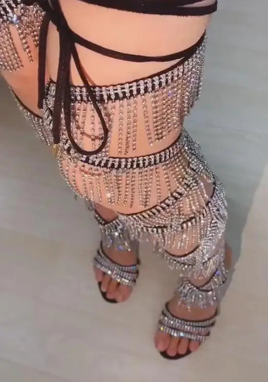 Rhinestone Chain Lace-Up Thigh Sandal Boots | Stiletto | 10cm & 12cm