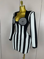 Stripe Long-Sleeve Bandage Mini Dress | Spiral Bust | Black & White