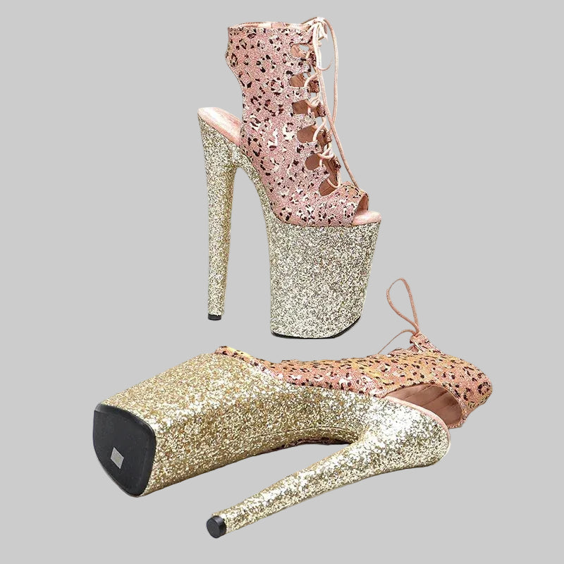 Leopard Glitter 9-Inch Platform Open-Toe Pole Dance Boots