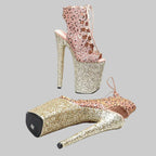 Leopard Glitter 9-Inch Platform Open-Toe Pole Dance Boots