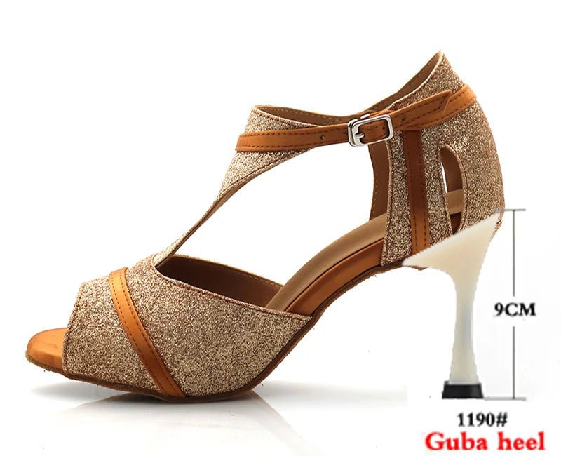 Glitter T-Strap Latin Dance Sandals | Thin Heel | 6–10cm | Nude