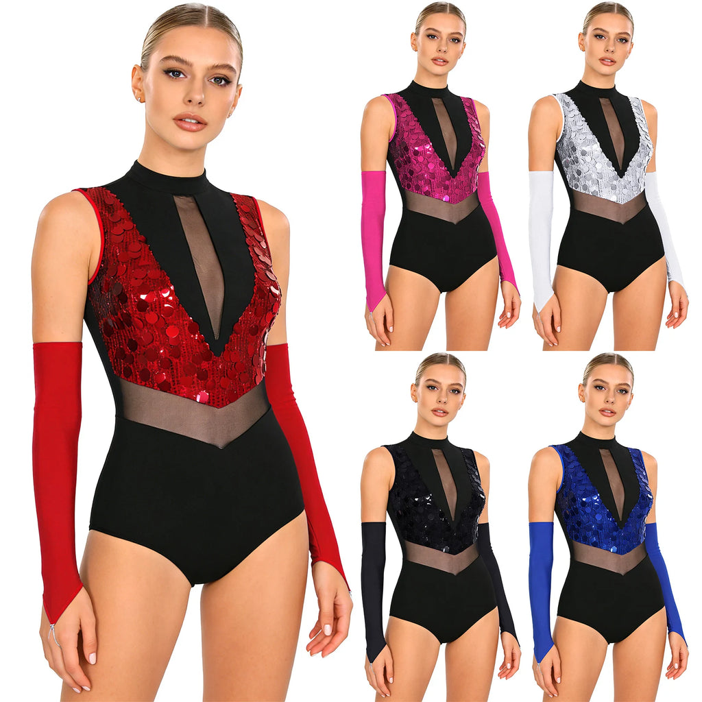 Women's Sequin Dance Leotard | Mock Neck & Sheer Mesh Waist | Includes Arm Sleeves