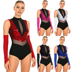 Women's Sequin Dance Leotard | Mock Neck & Sheer Mesh Waist | Includes Arm Sleeves