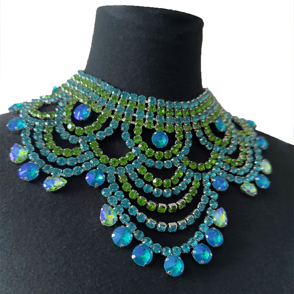 Aqua Rhinestone Bib Choker | Oversized Statement Necklace