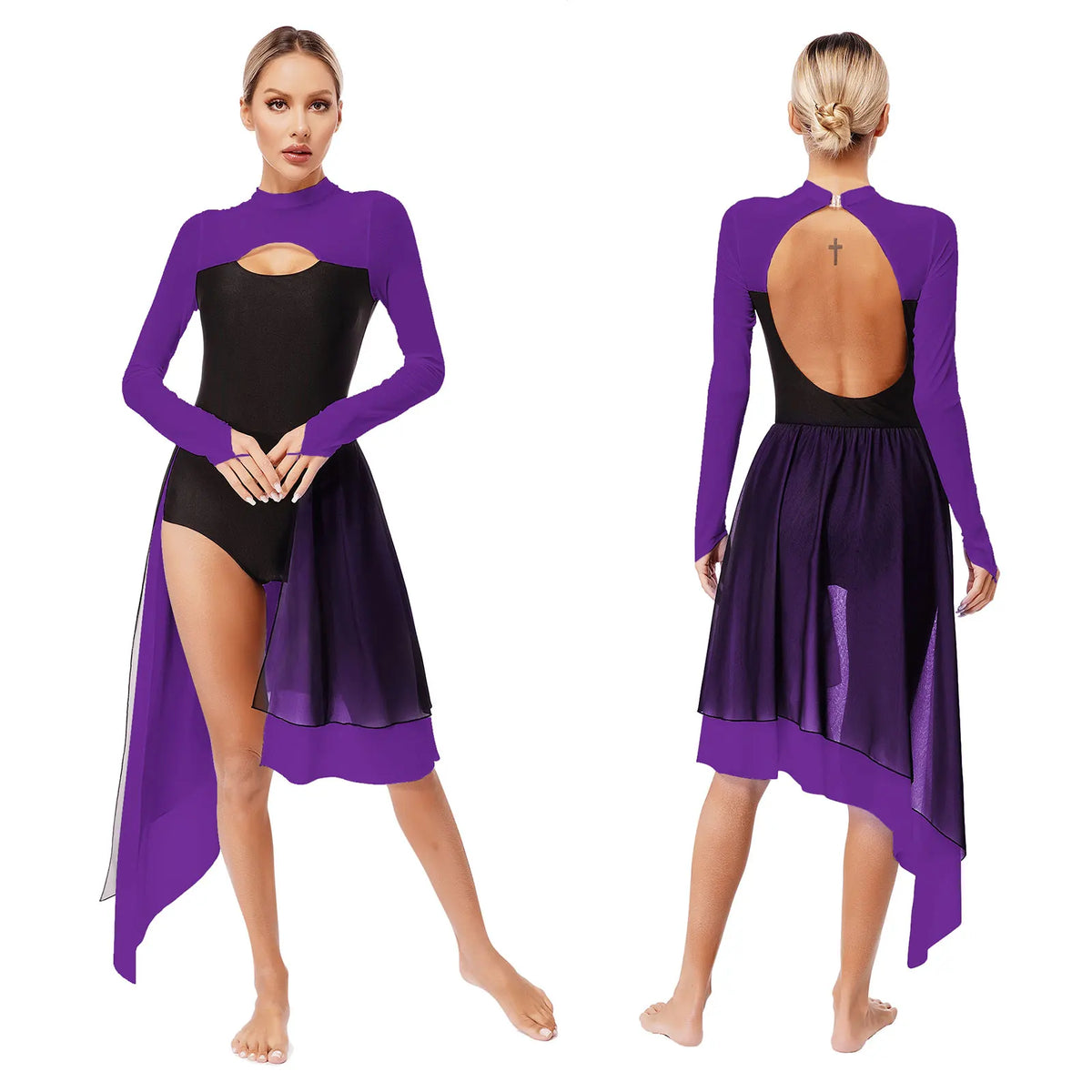 Lyrical Dance Dress | Cutout Back & Mesh Sleeves | Irregular Hem