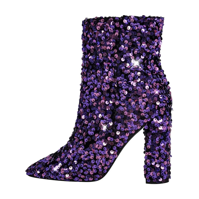 Sequined Pointed Toe Ankle Boots | Bling Chunky Heel | Extended Sizes EU 35–46