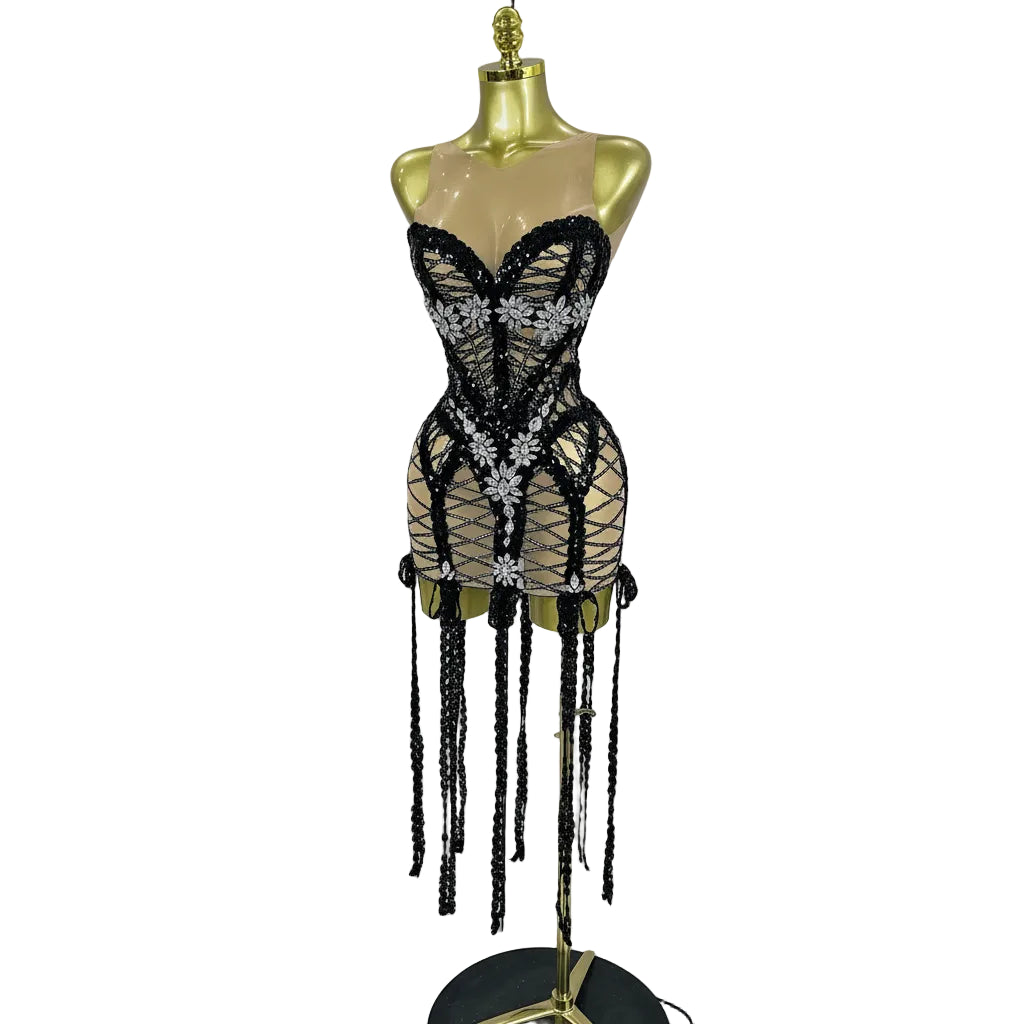 Sequin Diamond Tassel Mini Dress | Black | XS–XL
