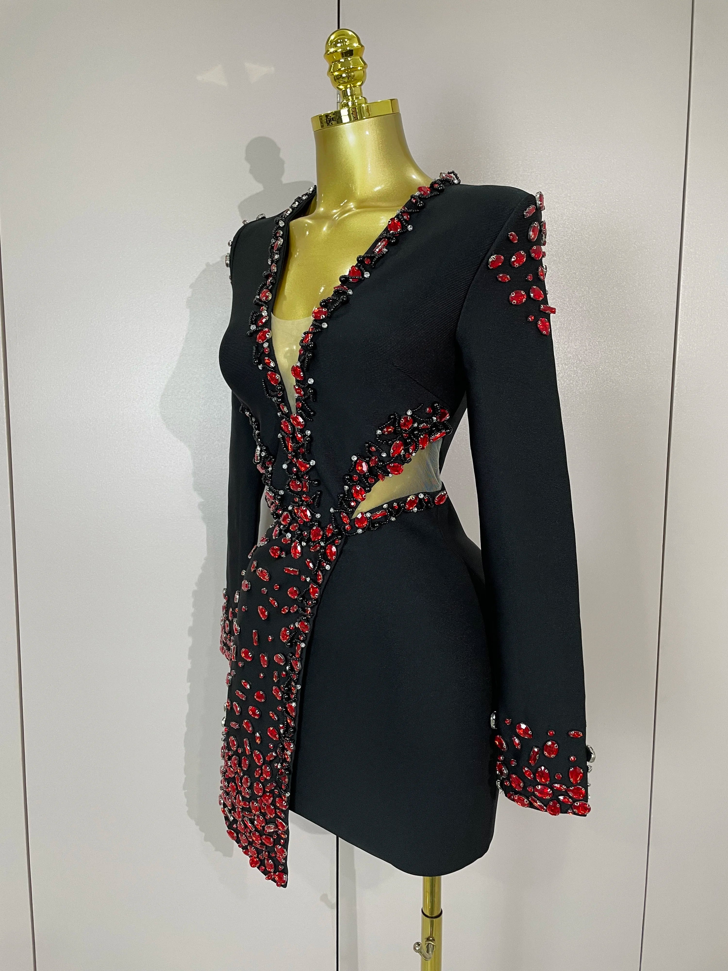 Rhinestone Trim Bandage Mini Dress | Long Sleeve | V-Neck