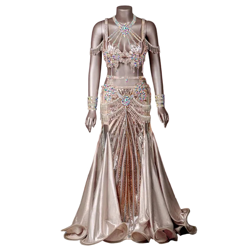 Belly Dance Performance Dress with Rhinestones & Tassels