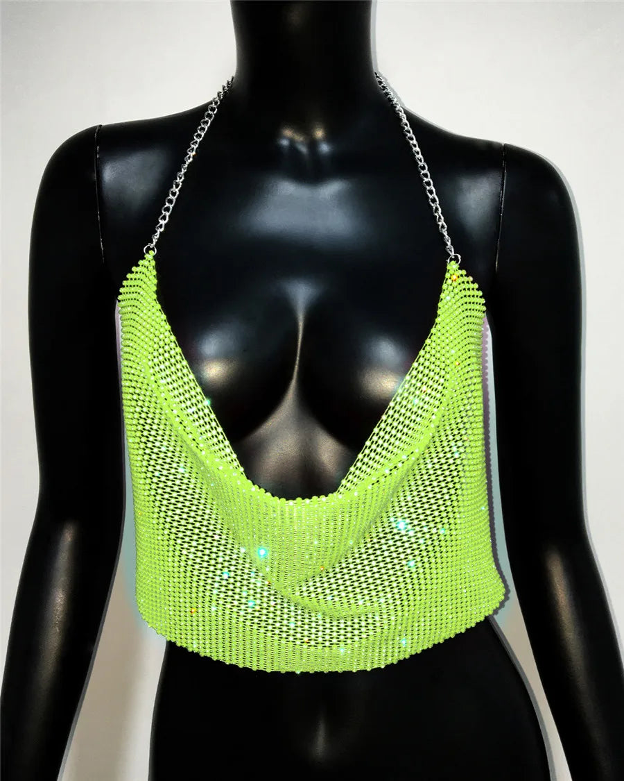 Rhinestone Fishnet Halter Crop Top - Sheer Deep V Backless Tank