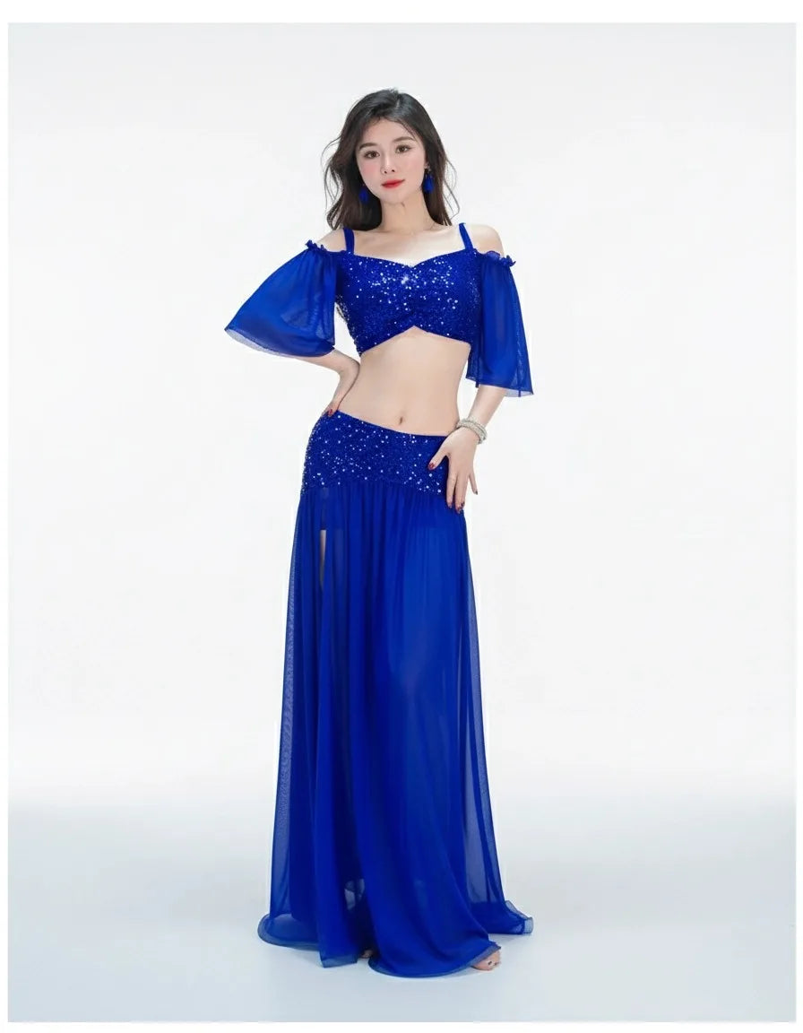 Belly Dance Costume | Sequin Mesh Top & Long Skirt Set