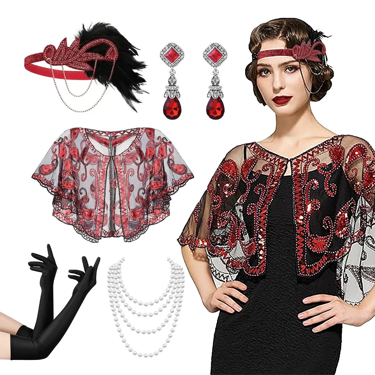 1920s Flapper Accessory Set | 5-Piece | Headband, Shawl, Gloves