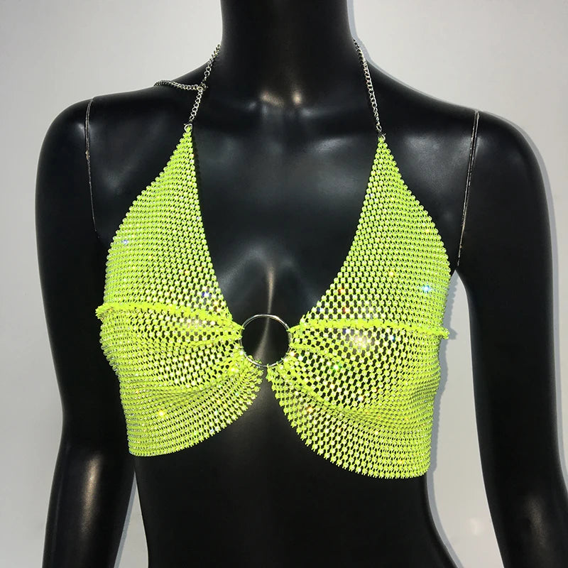 Crystal Fishnet Halter Crop Top - Metal Chain Push-Up Camisole for Stage