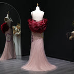 Pink Floral Beaded Mermaid Pageant Gown | Burgundy Cape