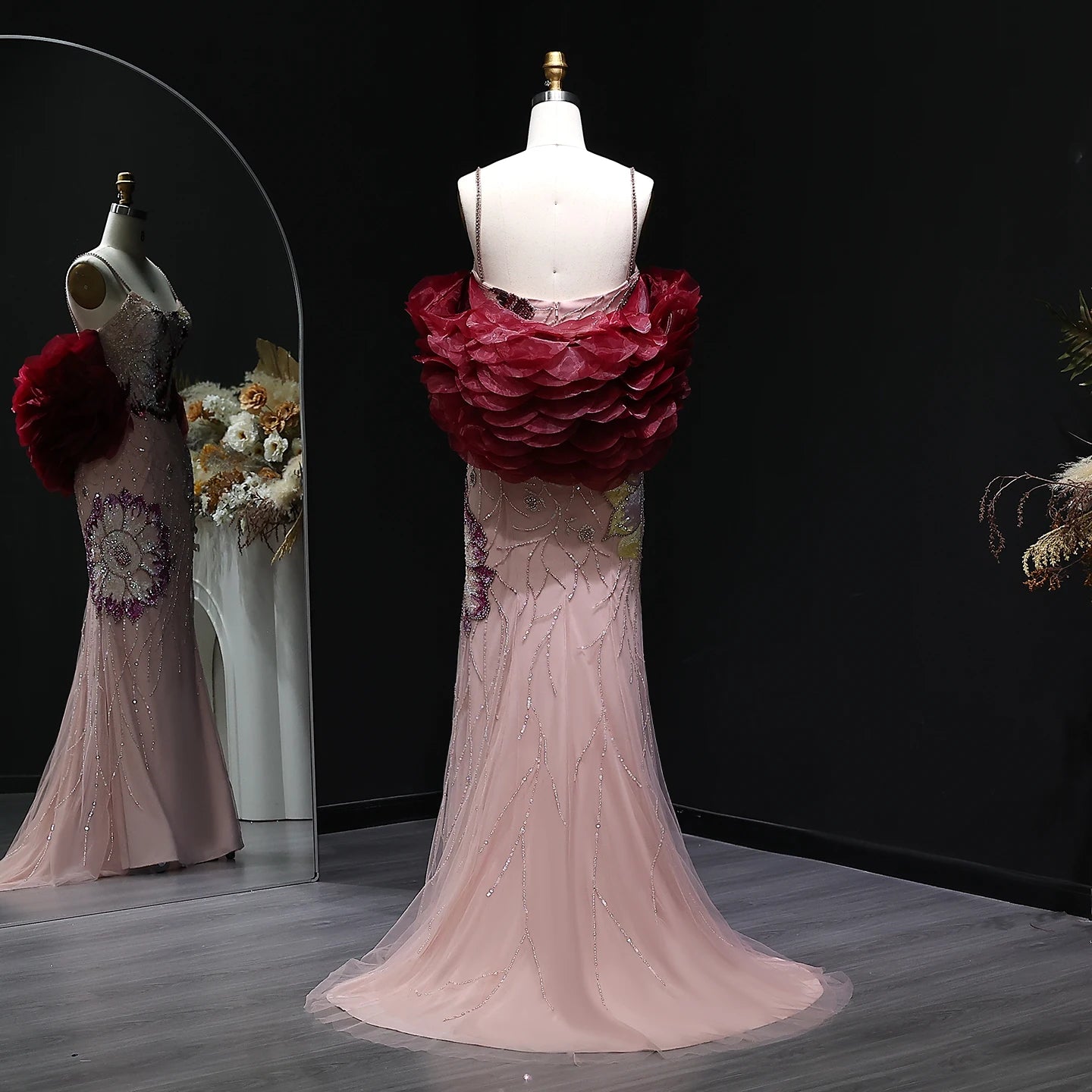 Pink Floral Beaded Mermaid Pageant Gown | Burgundy Cape