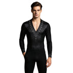 Men's Rhinestone Dance Leotard | V-Neck & Satin Collar | Long Sleeve