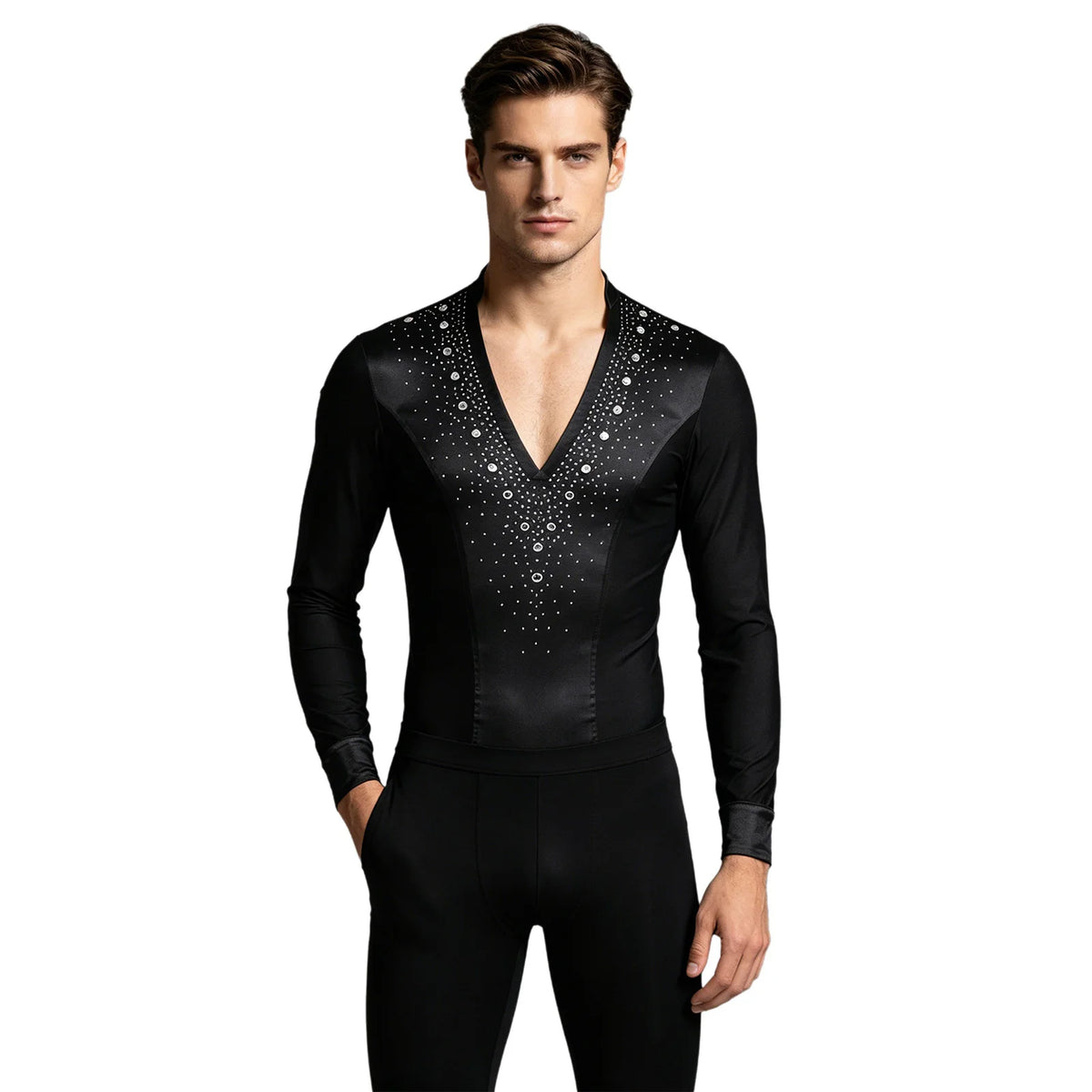 Men's Rhinestone Dance Leotard | V-Neck & Satin Collar | Long Sleeve