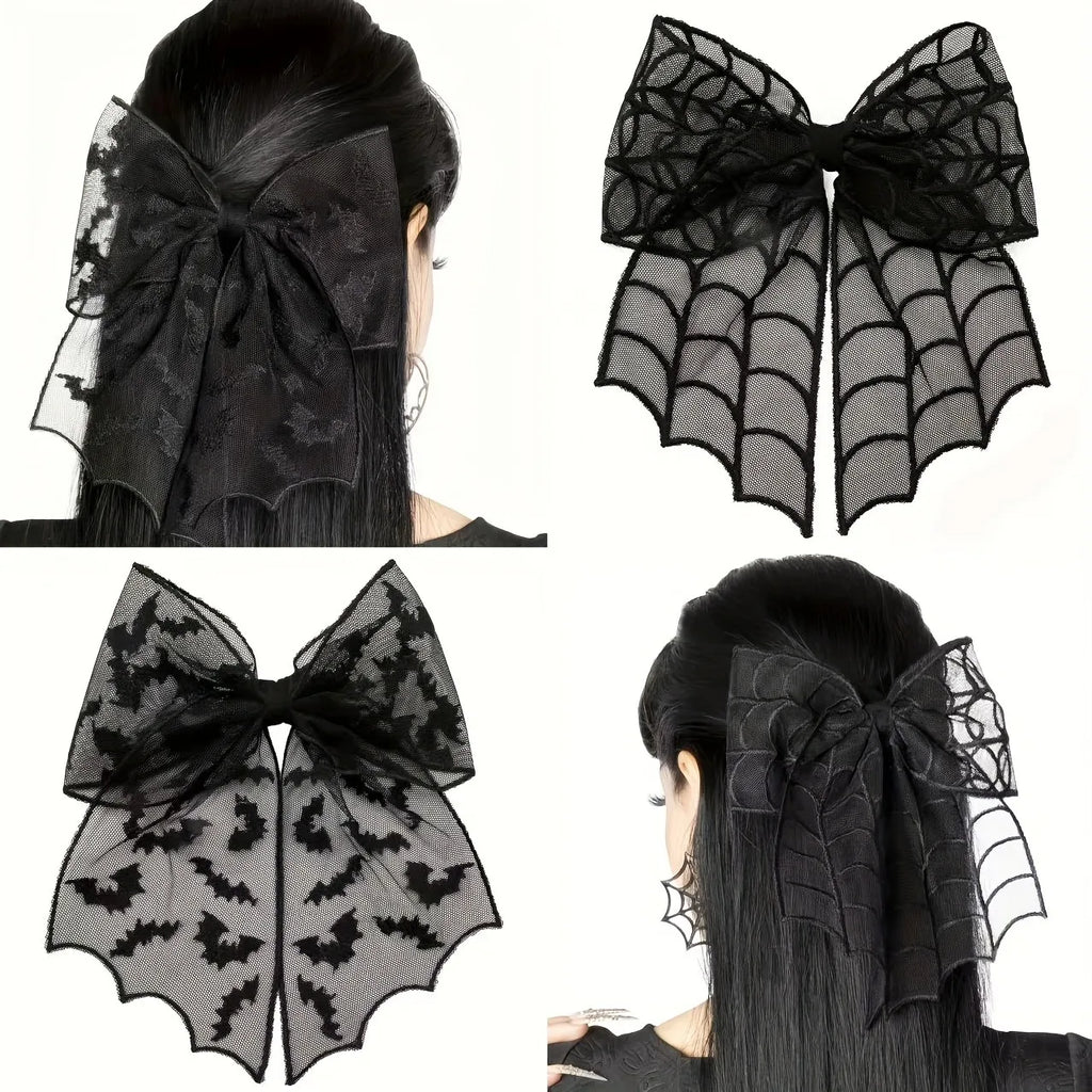 Gothic Hair Bow | Black Mesh Tails