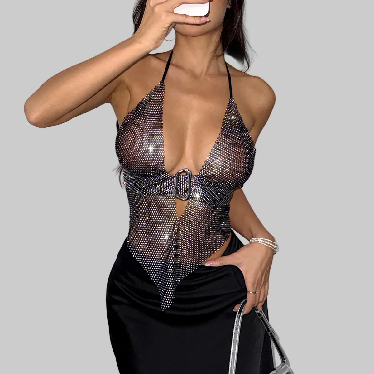 Rhinestone Fishnet Bandage Halter Crop Top - Deep V Backless Camisole