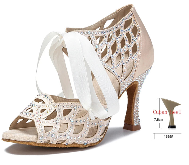 Cut-Out Lace-Up Latin Dance Sandals | Cuban Heel | 6–10cm | White, Black & Nude