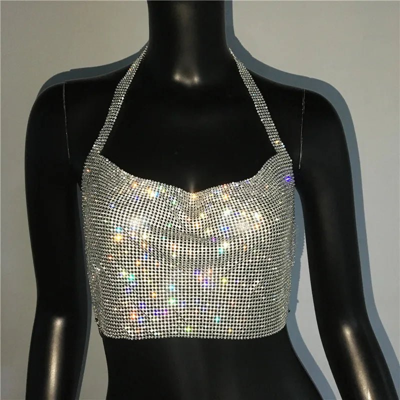 Rhinestone Sequin Halter Crop Top - Backless Metallic Strap Tank for Festival