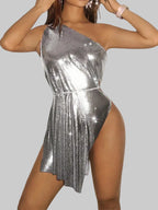 Metal Sequin One-Shoulder Mini Dress - Backless Side Split Party Dress
