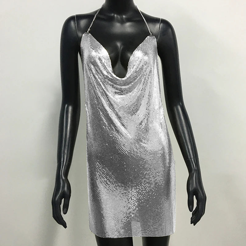 Metal Sequin Halter Mini Dress - Bodycon Party Dress