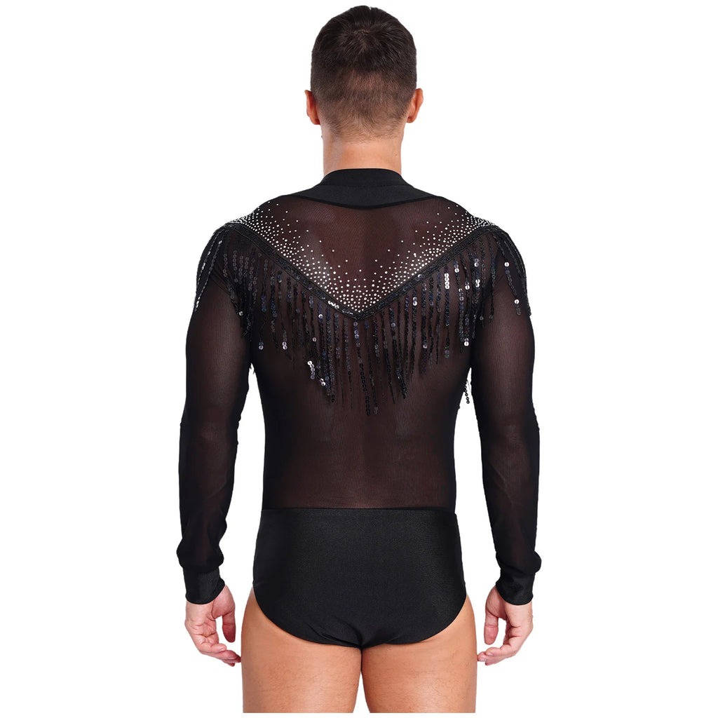 Men's Latin Dance Leotard | Deep Plunge V-Neck & Sheer Mesh Back | Tassel Detail