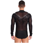 Men's Latin Dance Leotard | Deep Plunge V-Neck & Sheer Mesh Back | Tassel Detail