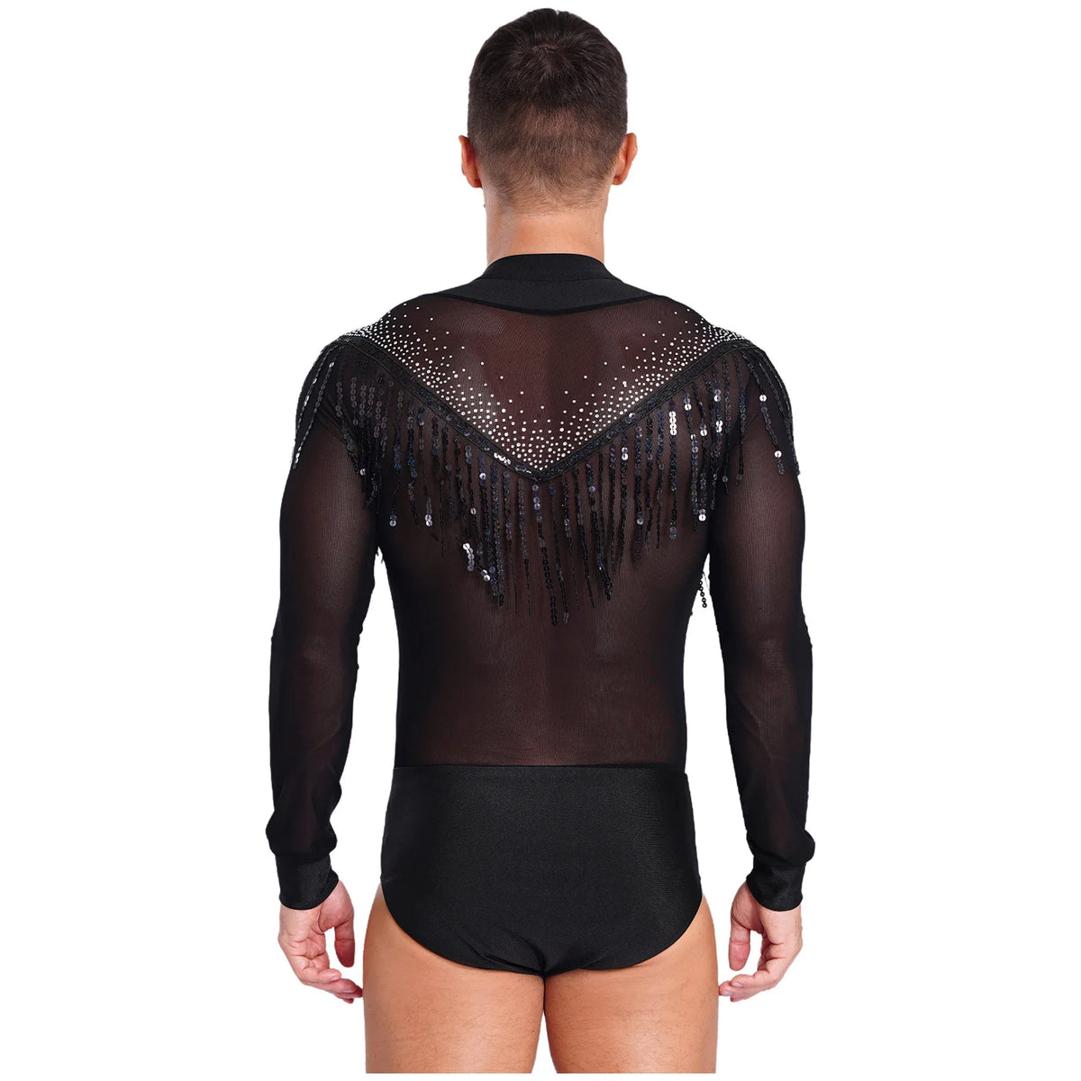 Men's Latin Dance Leotard | Deep Plunge V-Neck & Sheer Mesh Back | Tassel Detail