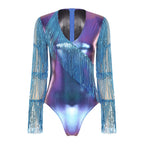 Metallic Dance Bodysuit | Mesh Sleeves | Sequin Fringe