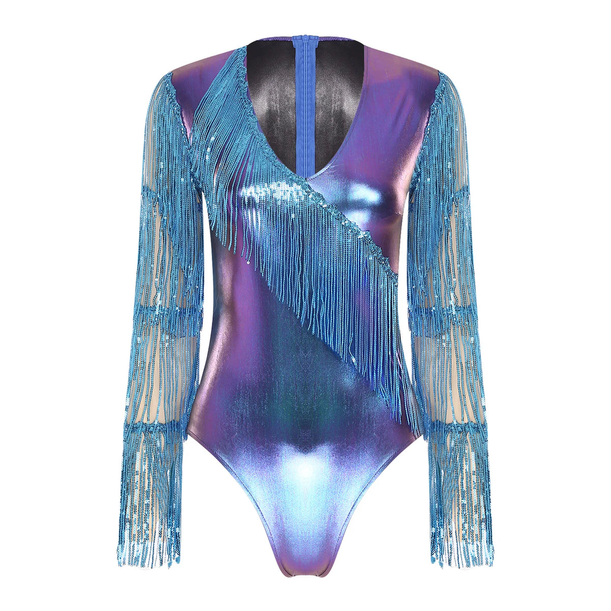 Metallic Dance Bodysuit | Mesh Sleeves | Sequin Fringe