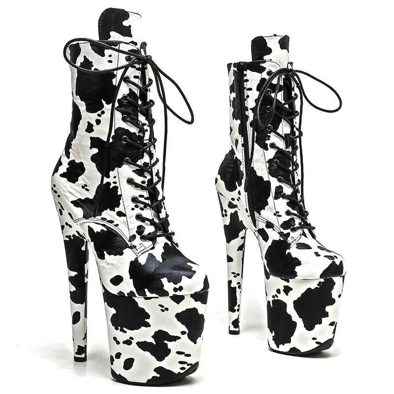 Cow Print Platform Pole Dance Boots – 8-Inch High Heel Stage Shoes