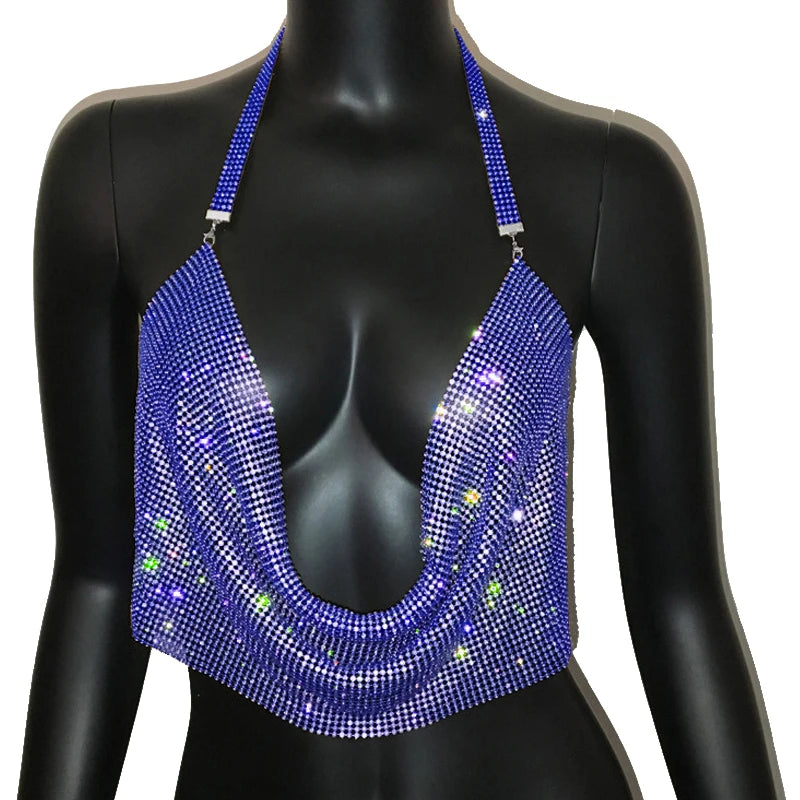 Rhinestone Crystal Deep V Crop Top - Sheer Backless Adjustable Tank