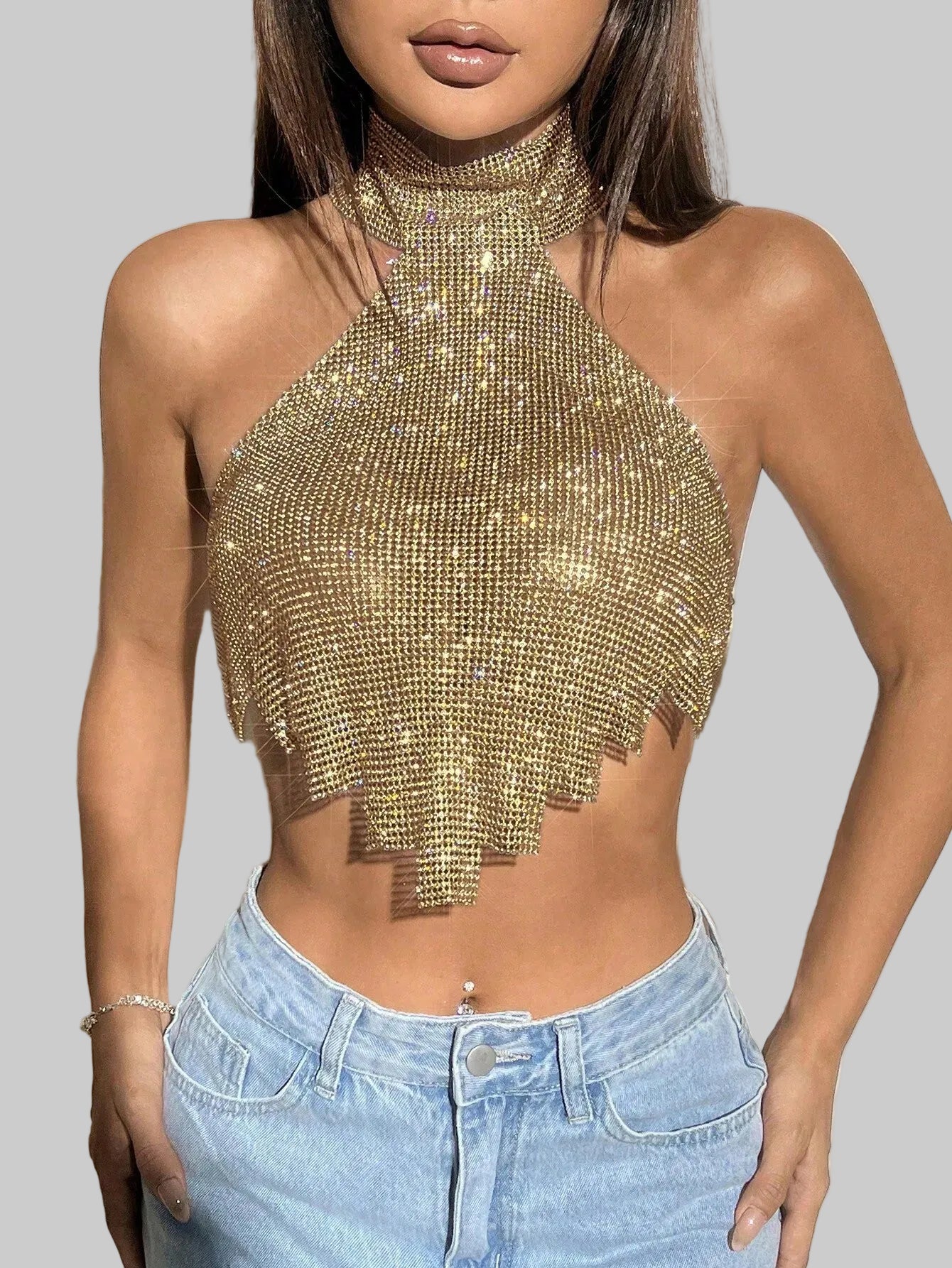 Rhinestone Off-Shoulder Halter Camisole - Backless Crop Top
