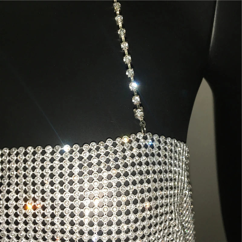Bling Rhinestone Sequin Halter Crop Top - Backless Metal Tank