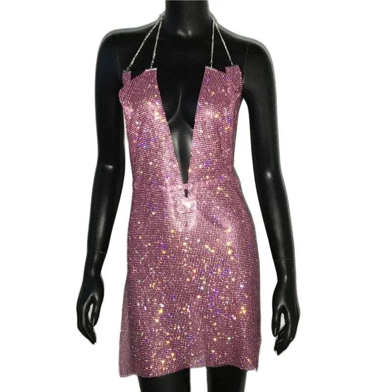 Sparkly Rhinestone Backless Halter Mini Dress - Metal Chain Party Dress
