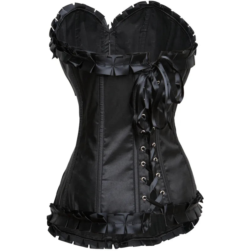 Ruffled Burlesque Corset | Bow & Lace Trim | Black & Red
